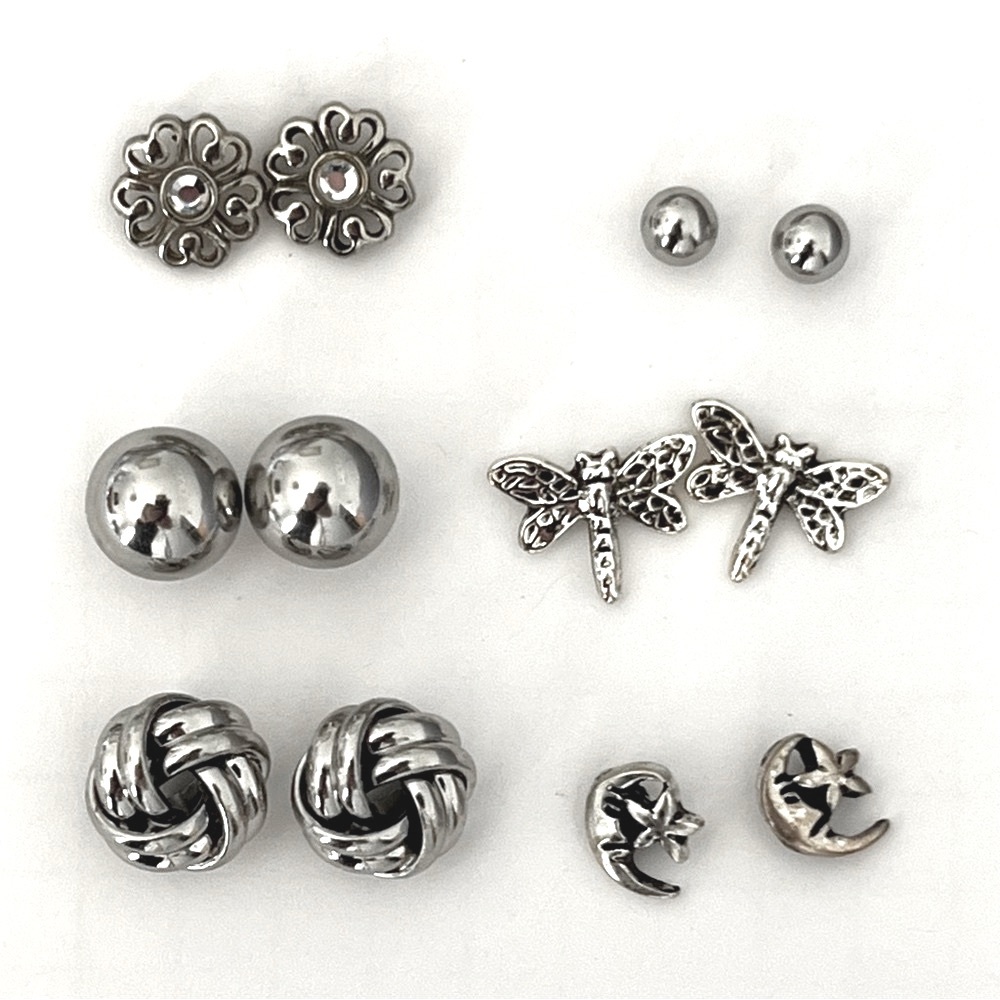 BOGO Six Pairs of Silver Tone Stud Post Earrings